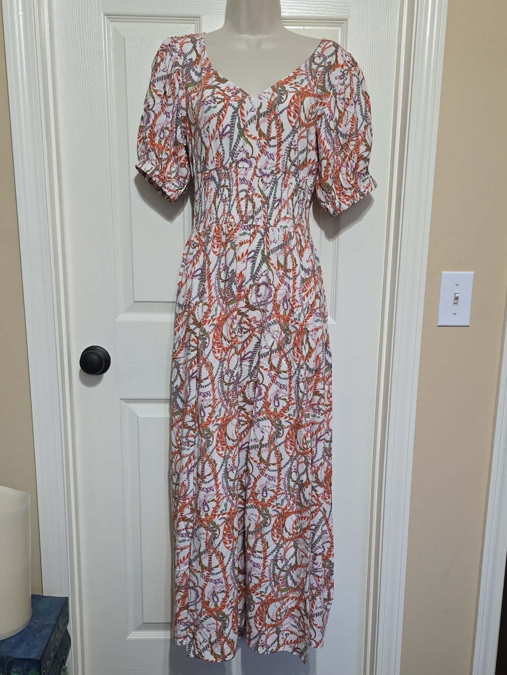 Women's White Floral Print Midi Dress with Orange & Green Accents